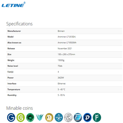 Dogecoin Litecoin Asic 광부 기계 Antminer L7 9050MH Scrypt 알고리즘