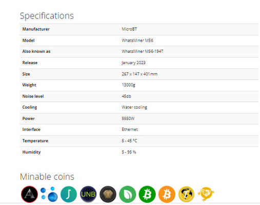 위하트셰미네르 M56 BTC 비트코인 Asic 광부를 188T 194T 212T명 냉각시키는 물을 차갑게하는 수력전기