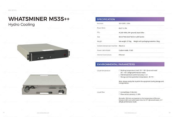기계 물 냉각을 채굴하는 수력전기 냉방 위하트민러 M53S++ 310T 328T BTC