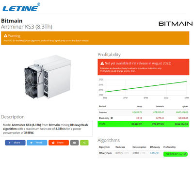 Bitmain Antminer KS3 9.4T 9.1T 8.8T 8.3T KASPA 광산 기계 KS3 9400Gh/s KAS 광산