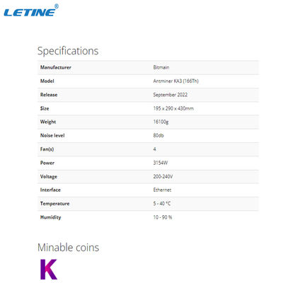 주식 KDA 광산 Bitmain Antminer KA3 166T 3154W 전력 소비