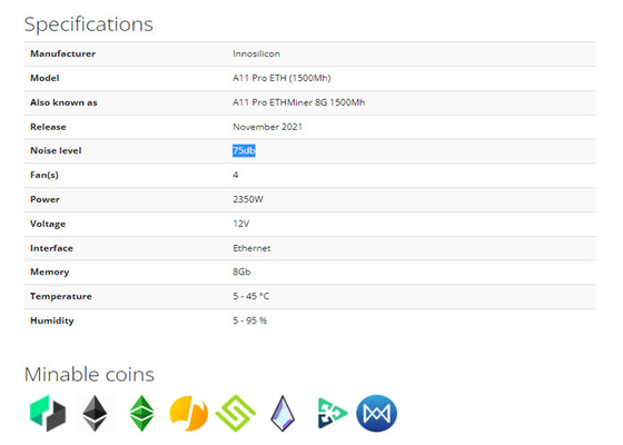 1.5GH 이실린콘 Asic 광부 A11 프로 2350W ETH 동전