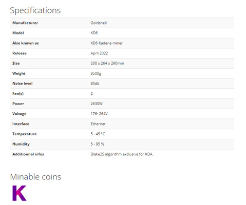 금 원자각 KD6 마이닝 카데나 알고리즘 KDA 광부 금 원자각 Asic 광부 26.3T 2630W명