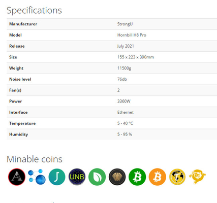 BTC 84번째 스트롱우 코뿔새 H8 프로이 SHA-256 3360W 76 DB (데시벨)