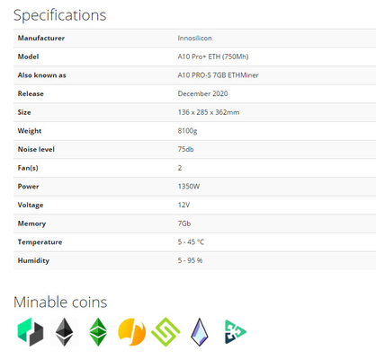 A10 프로 500Mh ETH 이실린콘 Asic 광부 이더음 960W 에트하시 Algo