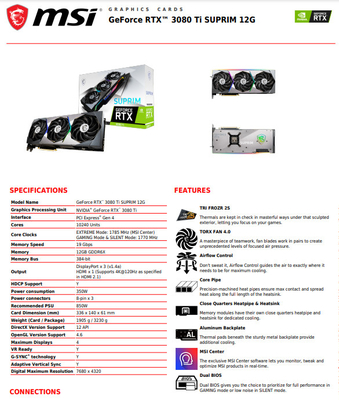350W 광부 그래픽 카드 지포스 RTX 3080 Ti 게임 Ｘ 트리오 12GB GDDR6X