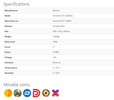 앤트미네르 D7 1286Gh BTC Asic 광부 X11 알고리즘 하시라테 1.286Th/S 3148W
